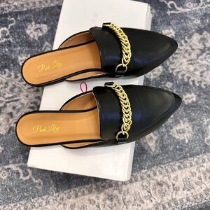 Pink Lily black slides mules gold accent 6.5